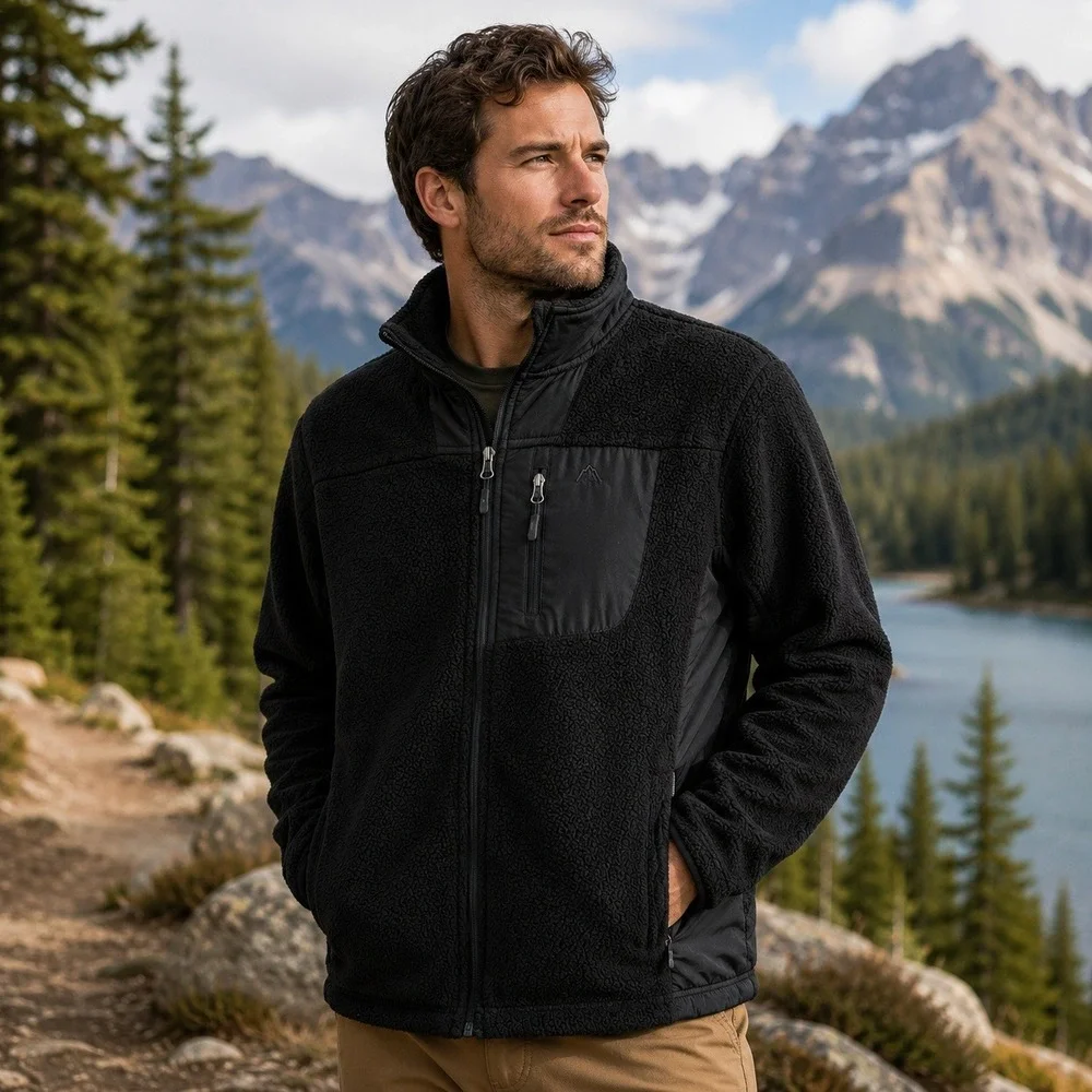 Snozu Mens Performance‎ Fleece Jacket Sz L Black Full Zip Sherpa Outdoor